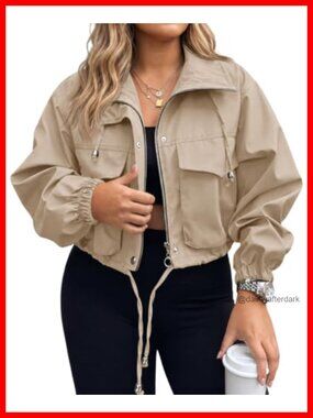 Womens Plus Size Cropped Utility Anorak Jacket Zip Up Lightweight Casual Coat